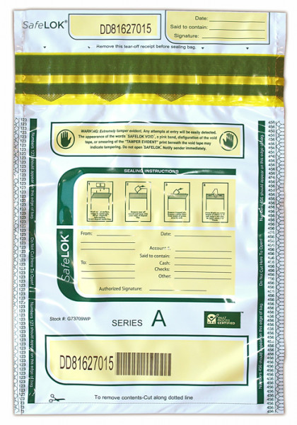 White SafeLok Deposit Bag with Pocket, 9 X 12