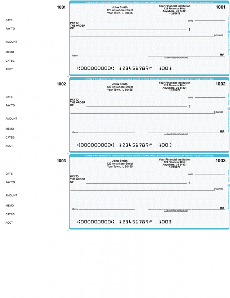 Teal Safety 3 Per Page Wallet Checks
